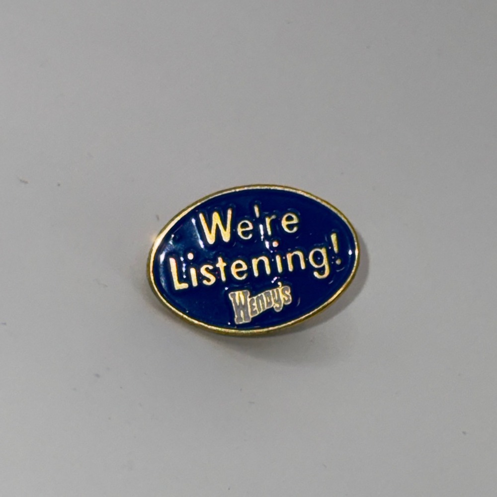 Vintage Wendy's We're Listening Blue Enamel Gold Tone Employee Lapel Pin Oval